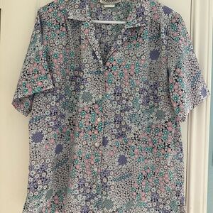 Vintage DonnKenny Garden Party Purple Green White Floral Blouse size Large.